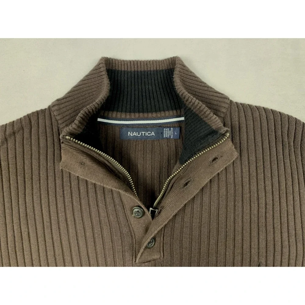 Nautica Sweater Mens‎ L Brown 1/4 Zip Rib Knit Cotton Pullover Casual